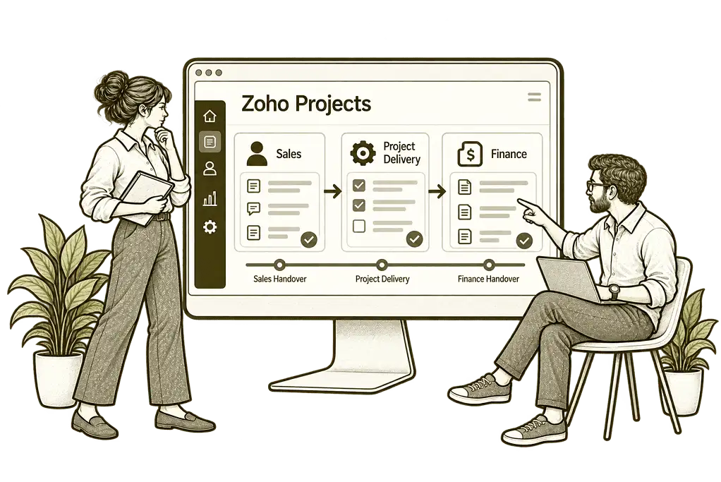 Mason & Co sketch illustrating connect delivery with your systems in Zoho Projects.