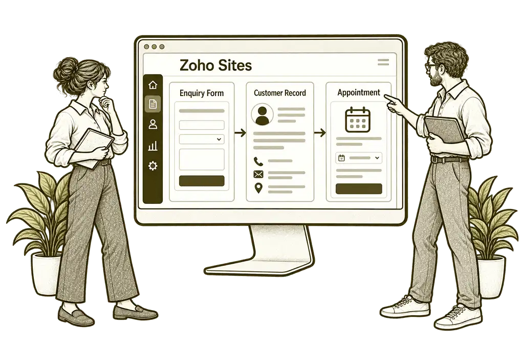 Olive ink sketch illustrating connect sites with your systems in Zoho Sites.