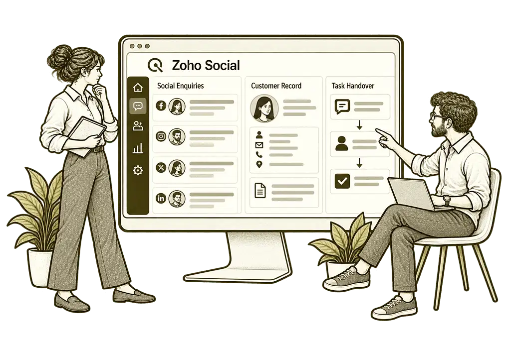 Olive ink sketch illustrating connect social with your systems in Zoho Social.