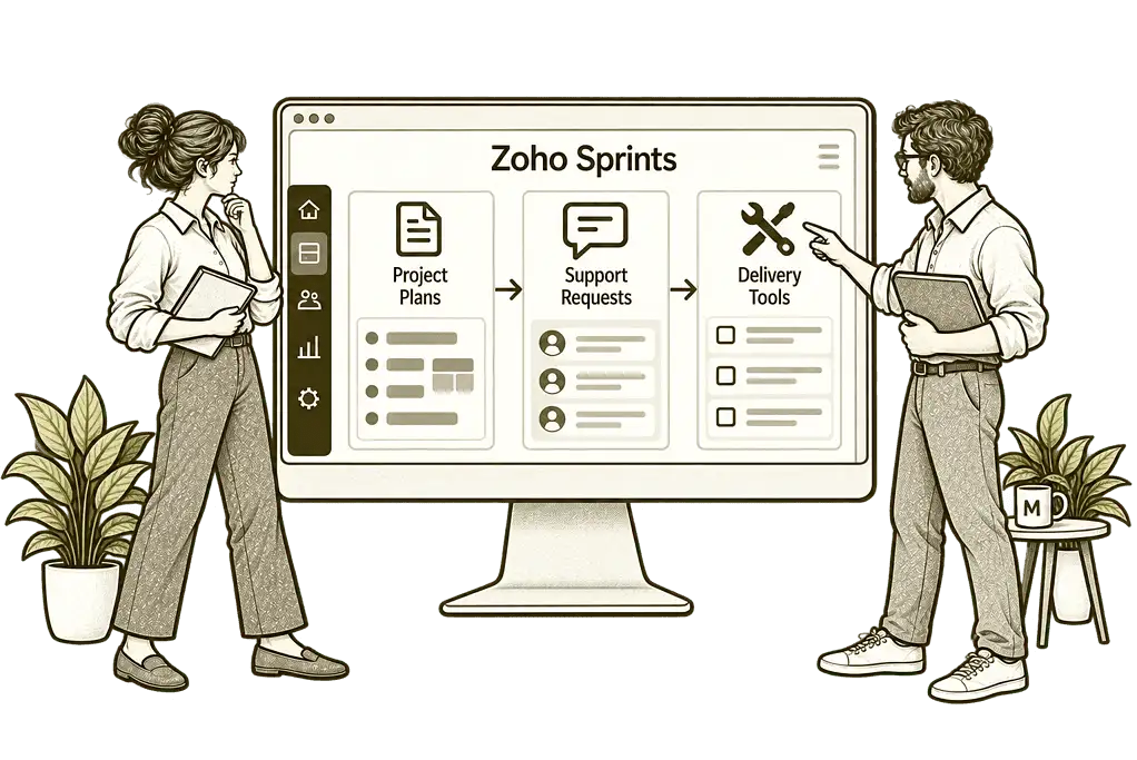 Mason & Co sketch illustrating connect agile delivery with your systems in Zoho Sprints.
