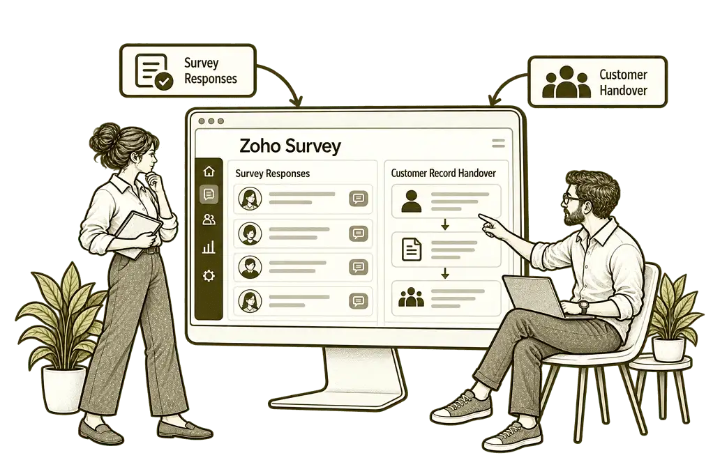 Olive ink sketch illustrating connect survey with your systems in Zoho Survey.