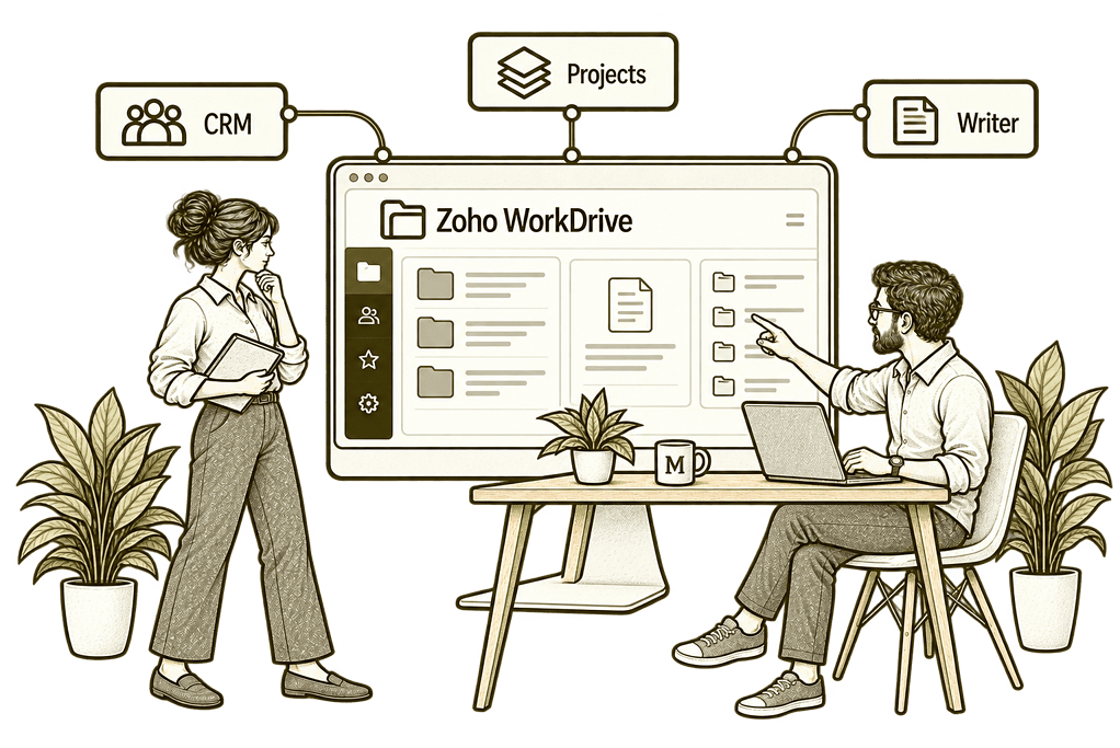Mason & Co sketch illustrating connect files with your systems in Zoho WorkDrive.