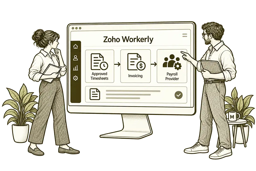 Mason & Co sketch illustrating connect staffing with finance in Zoho Workerly.