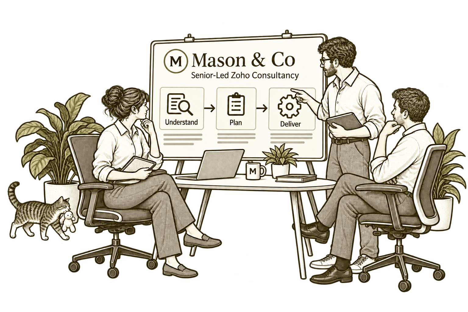 Mason & Co sketch illustrating senior-led zoho consultancy.