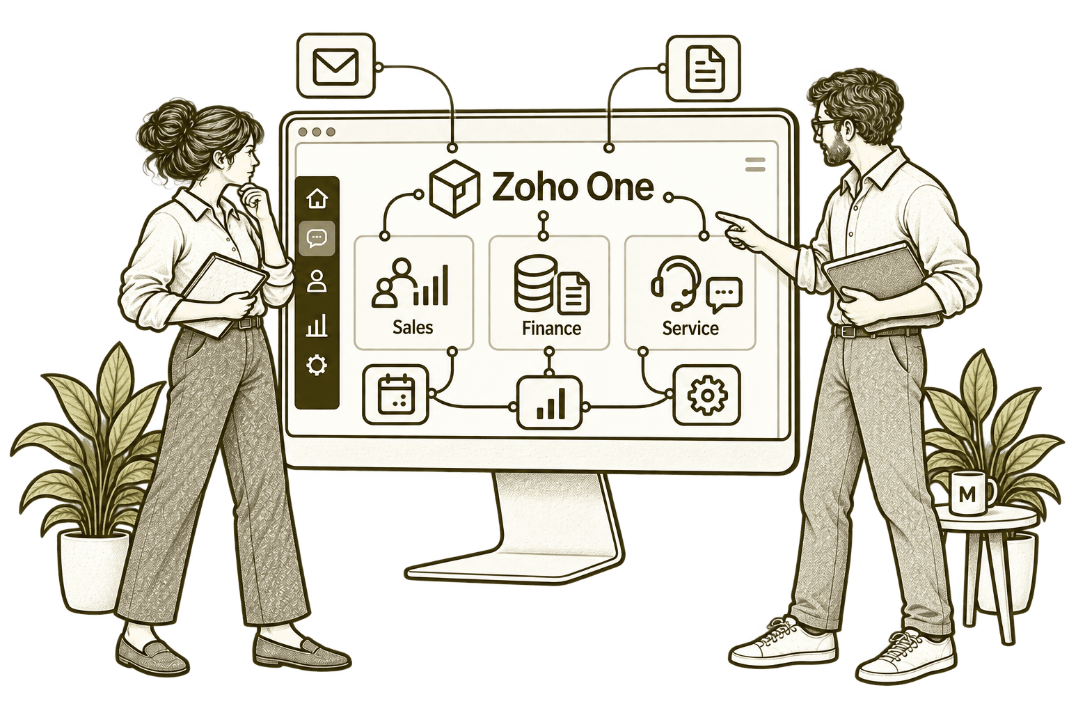 Mason & Co sketch illustrating zoho one built around your business.