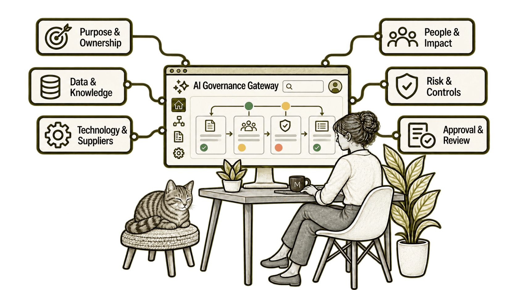 AI Governance Gateway concept connecting purpose, information, technology, people, safeguards and authorised review.