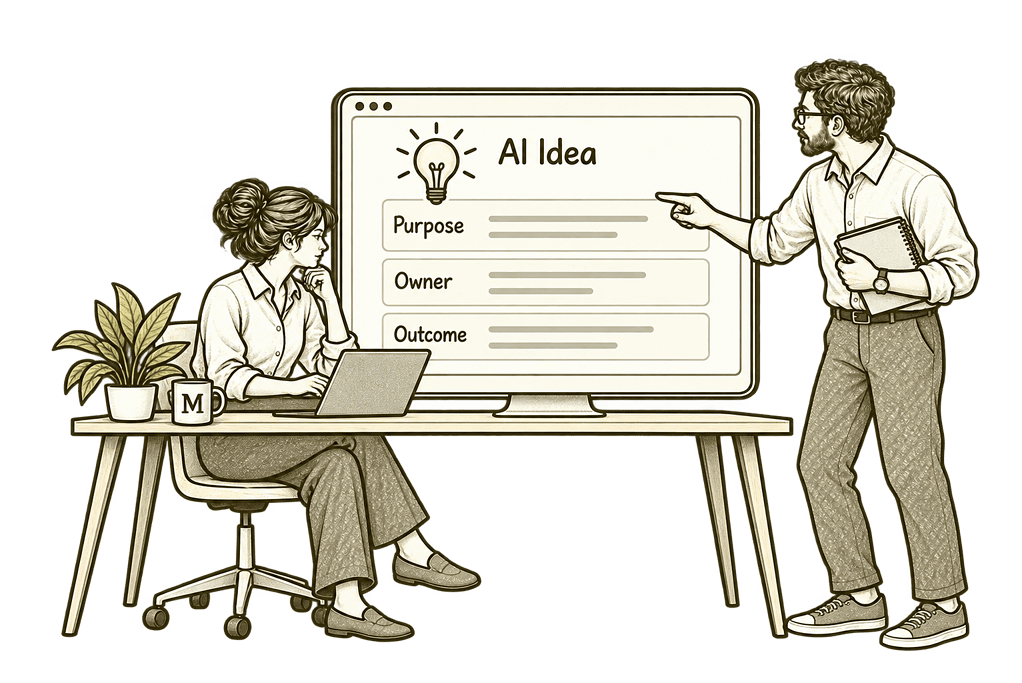 Olive pencil sketch of colleagues defining an AI idea's purpose, owner and intended outcome.