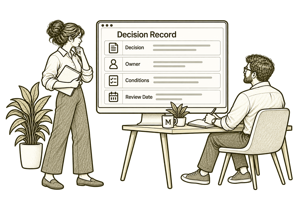 Olive pencil sketch of colleagues recording an AI decision, its owner, conditions and review date.