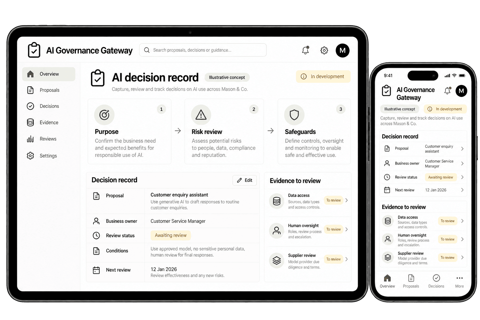 Illustrative AI Governance Gateway decision record on a tablet and phone, showing purpose, risk review, safeguards and evidence. Software in development.