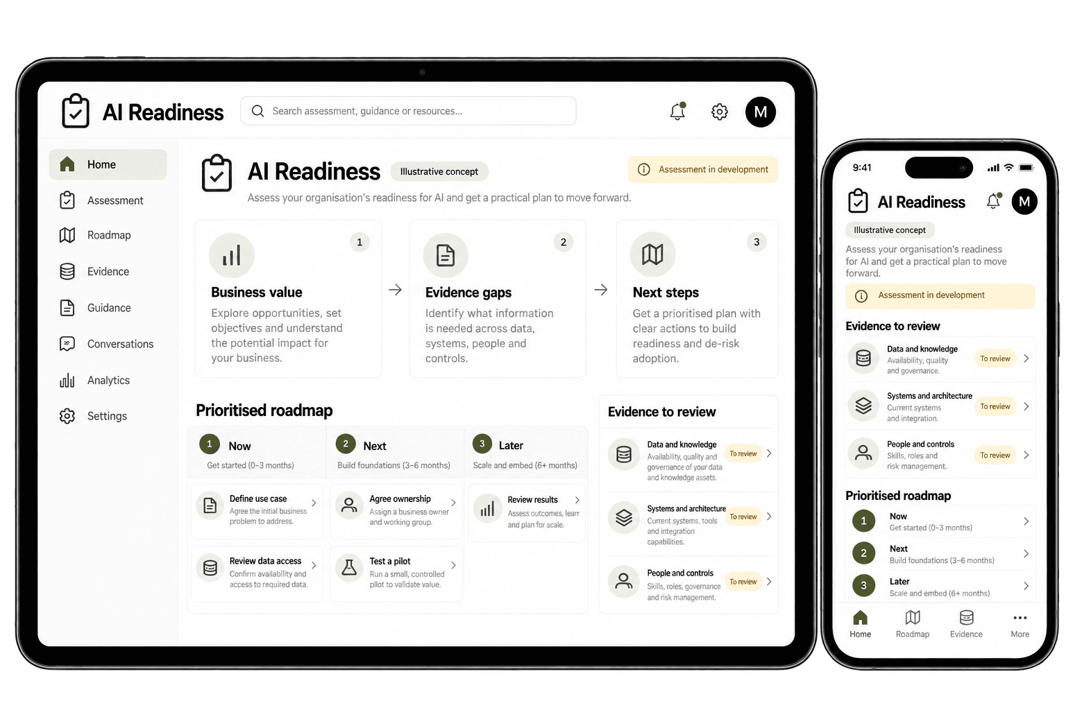 Illustrative AI Readiness assessment and roadmap on a monitor and mobile, showing evidence to review and next steps, marked as in development.