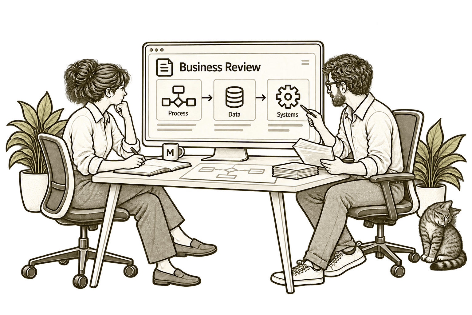 Consultants reviewing business processes, data and systems together.