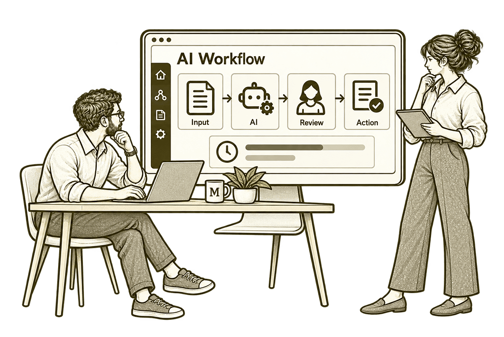 Colleagues testing AI automation with human review before business action.