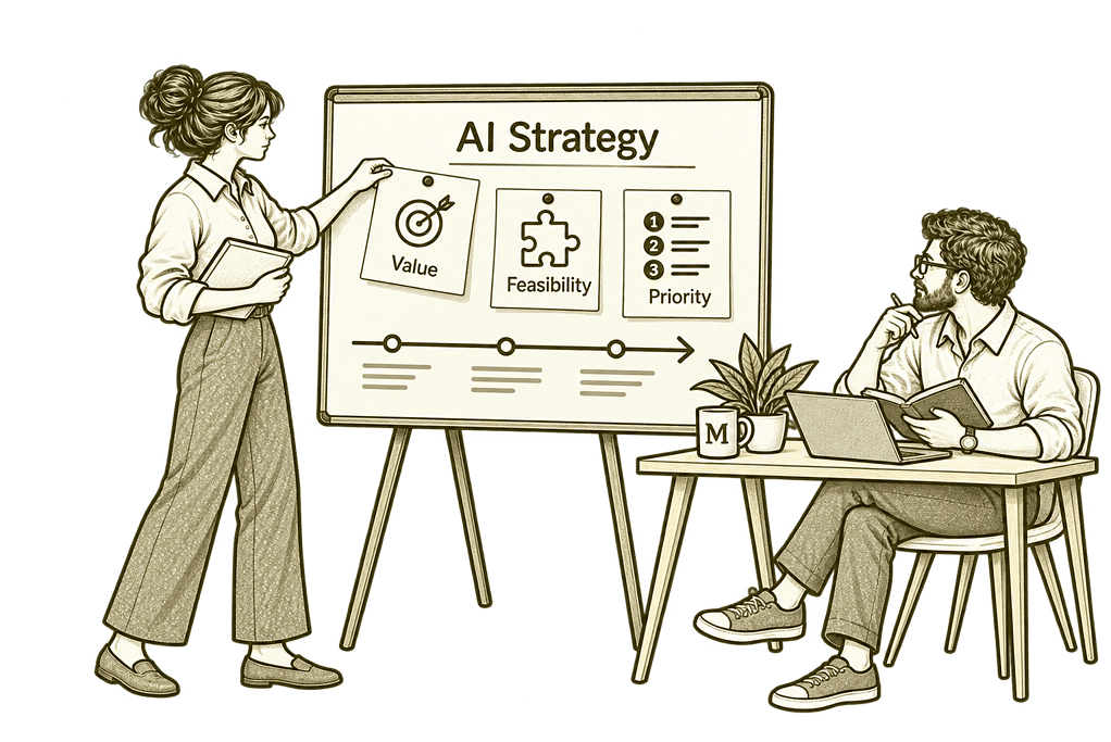 Colleagues prioritising AI opportunities by value and feasibility.