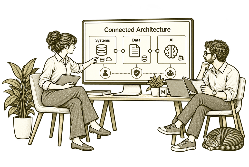 Colleagues designing connections between systems, data and AI with human oversight.
