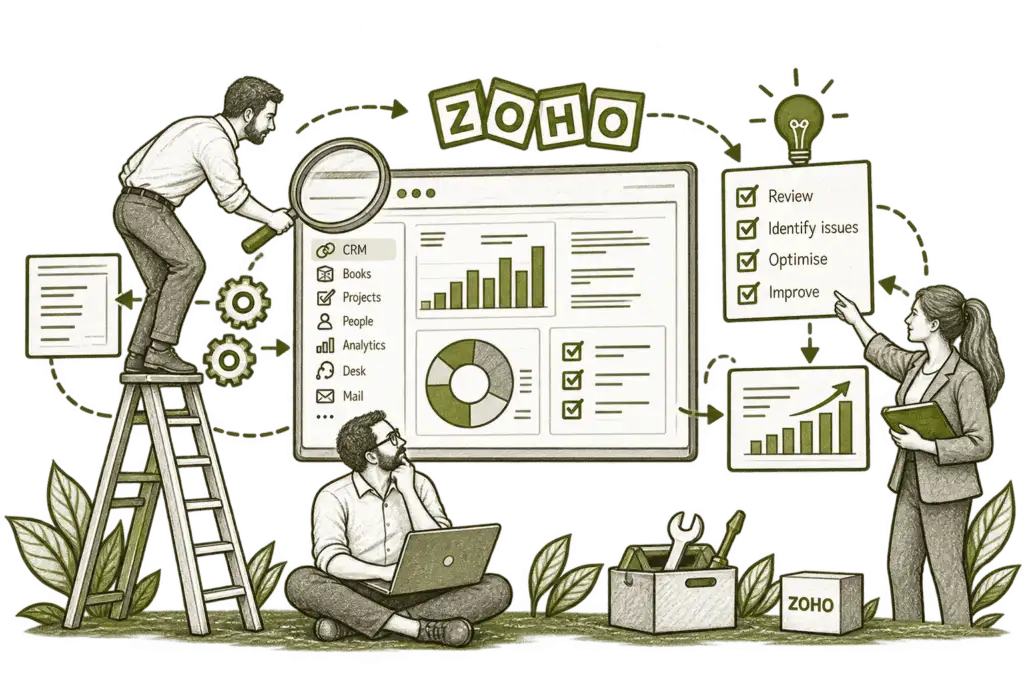 Consultants reviewing a Zoho dashboard and identifying improvements to an existing setup.