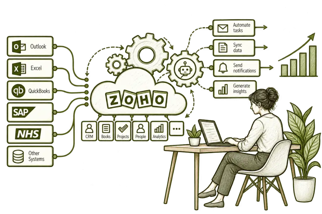 Business applications connected to Zoho, with automated tasks and data synchronisation.