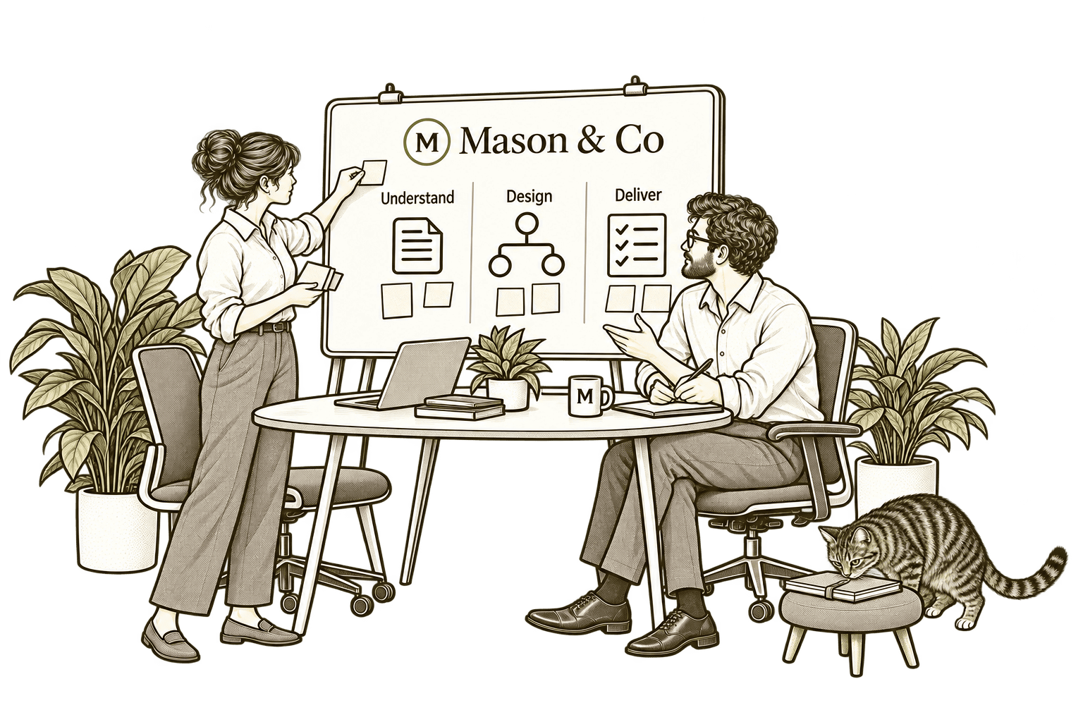 Mason & Co consultants planning a business workflow, with Kiwi the tabby cat investigating a notebook.