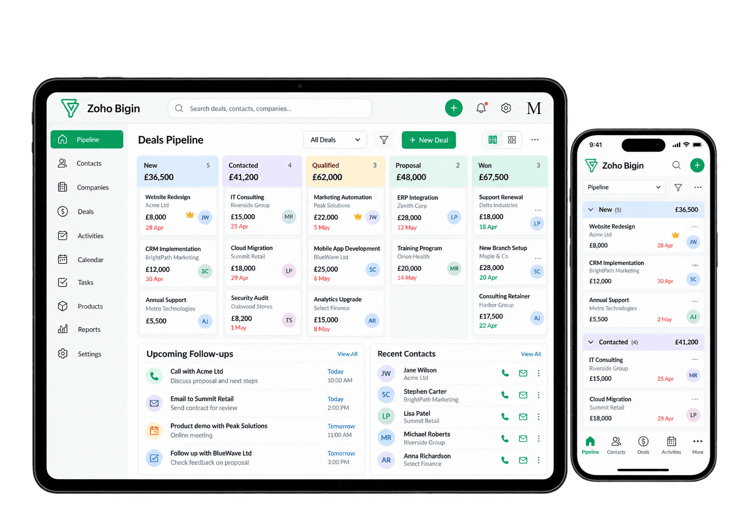 Illustrative Zoho Bigin interface showing sales pipelines and contacts on a tablet and smartphone.