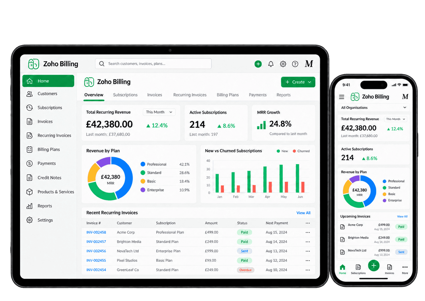 Illustrative Zoho Billing interface showing subscription billing on a tablet and smartphone.