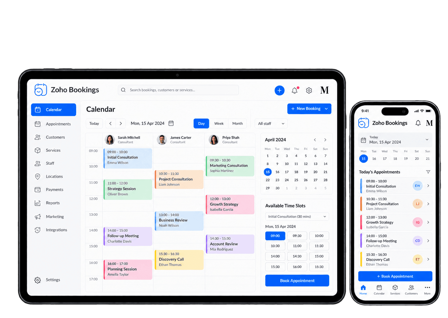 Illustrative Zoho Bookings interface showing appointment scheduling on a tablet and smartphone.