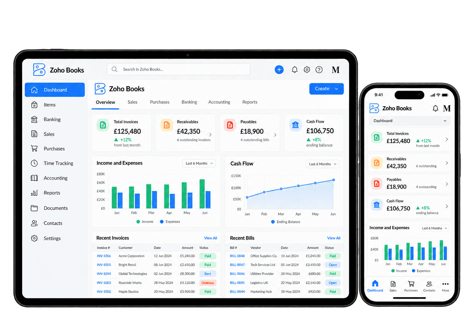 Illustrative Zoho Books interface showing accounting and financial reports on a tablet and smartphone.