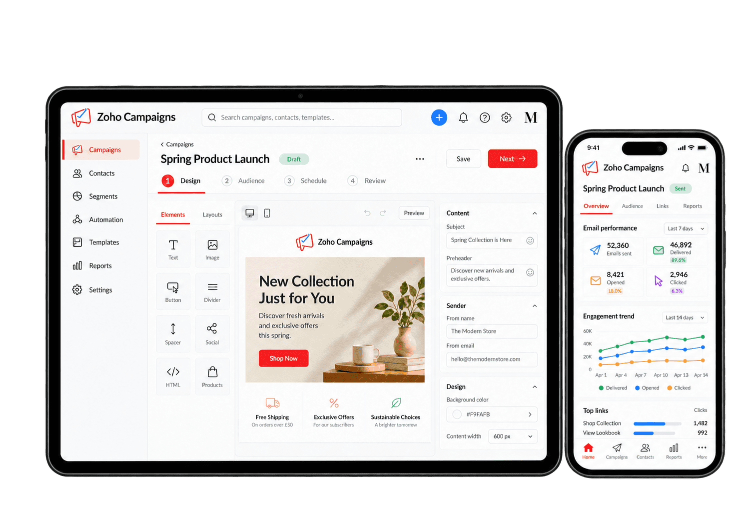Illustrative Zoho Campaigns interface showing email campaigns on a tablet and smartphone.