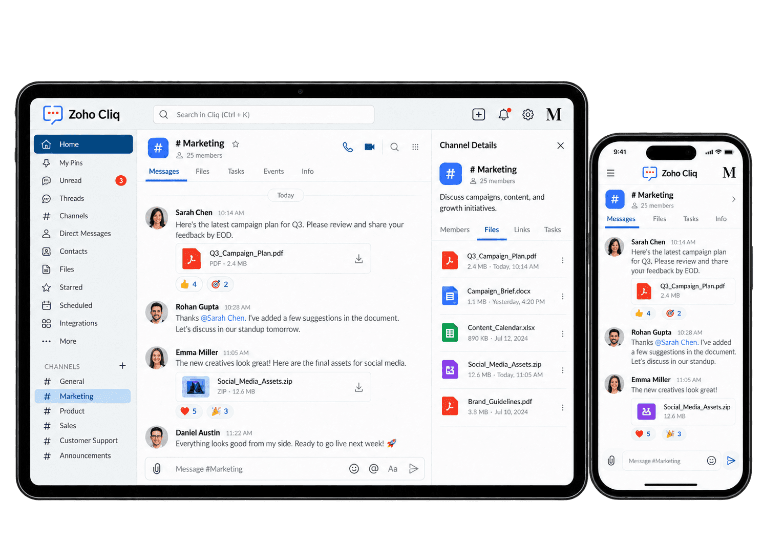 Illustrative Zoho Cliq interface showing team messaging on a tablet and smartphone.