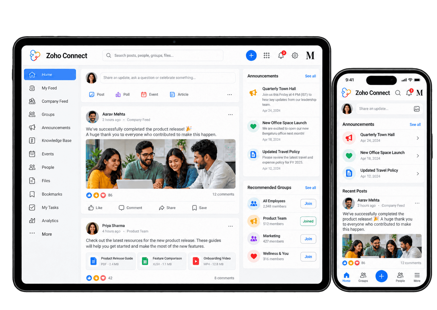 Illustrative Zoho Connect interface showing an internal team feed on a tablet and smartphone.