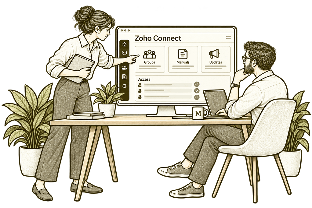 Mason & Co sketch illustrating new zoho connect implementation in Zoho Connect.