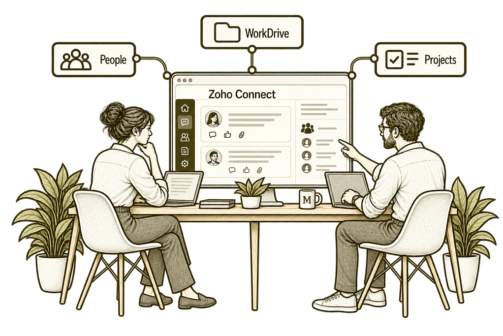 Mason & Co sketch illustrating connect people with resources in Zoho Connect.