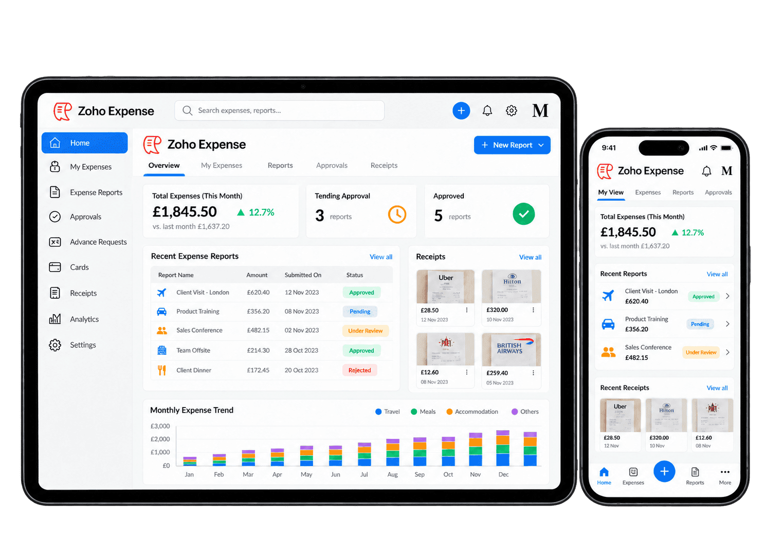 Illustrative Zoho Expense interface showing expense management on a tablet and smartphone.