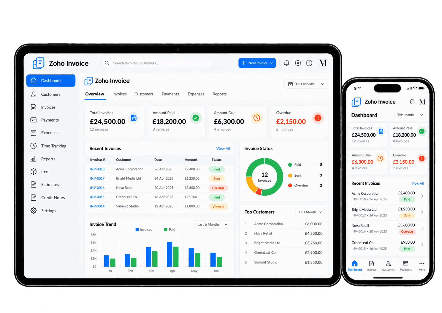 Illustrative Zoho Invoice interface showing invoicing on a tablet and smartphone.