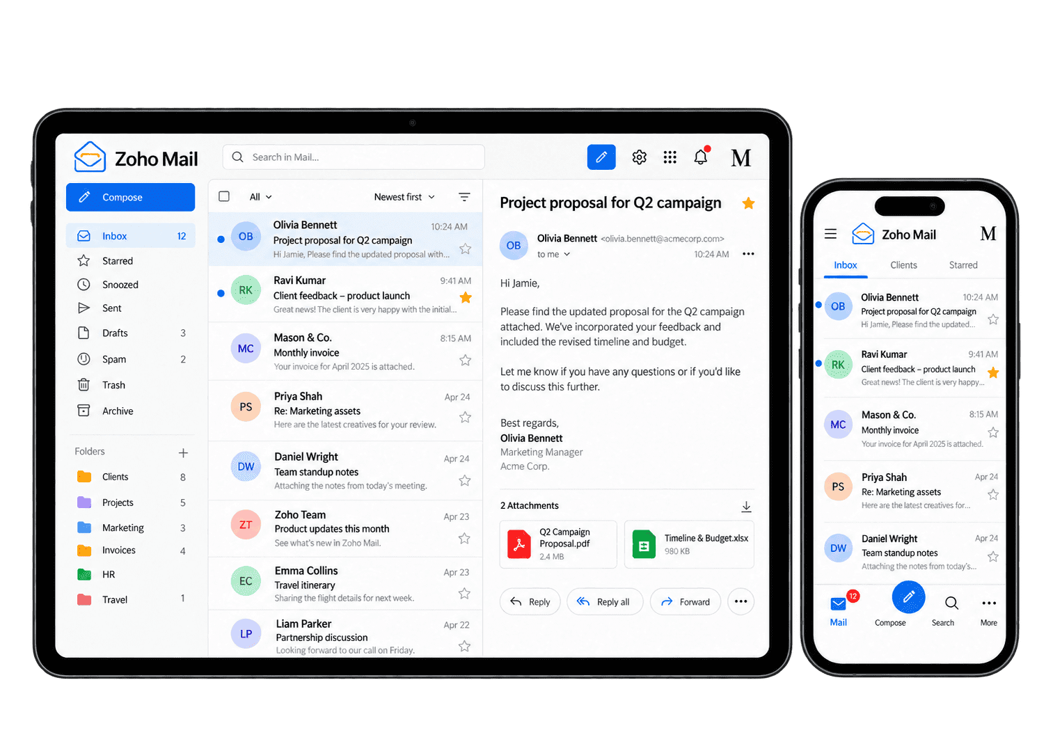 Illustrative Zoho Mail interface showing a business email inbox on a tablet and smartphone.