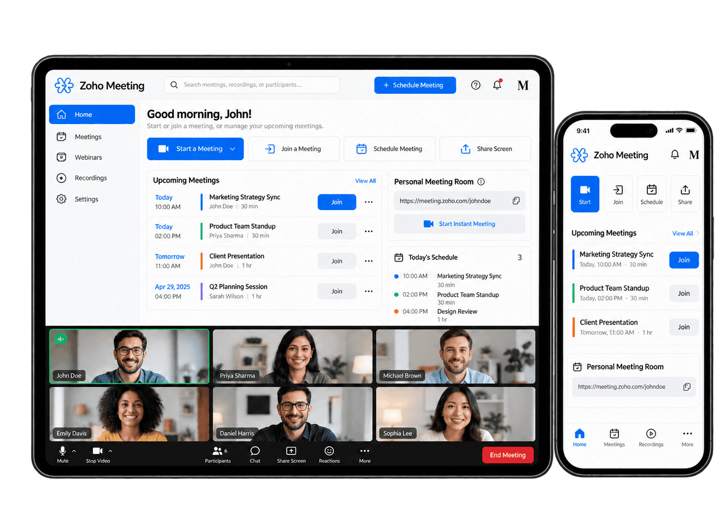 Illustrative Zoho Meeting interface showing online meetings on a tablet and smartphone.