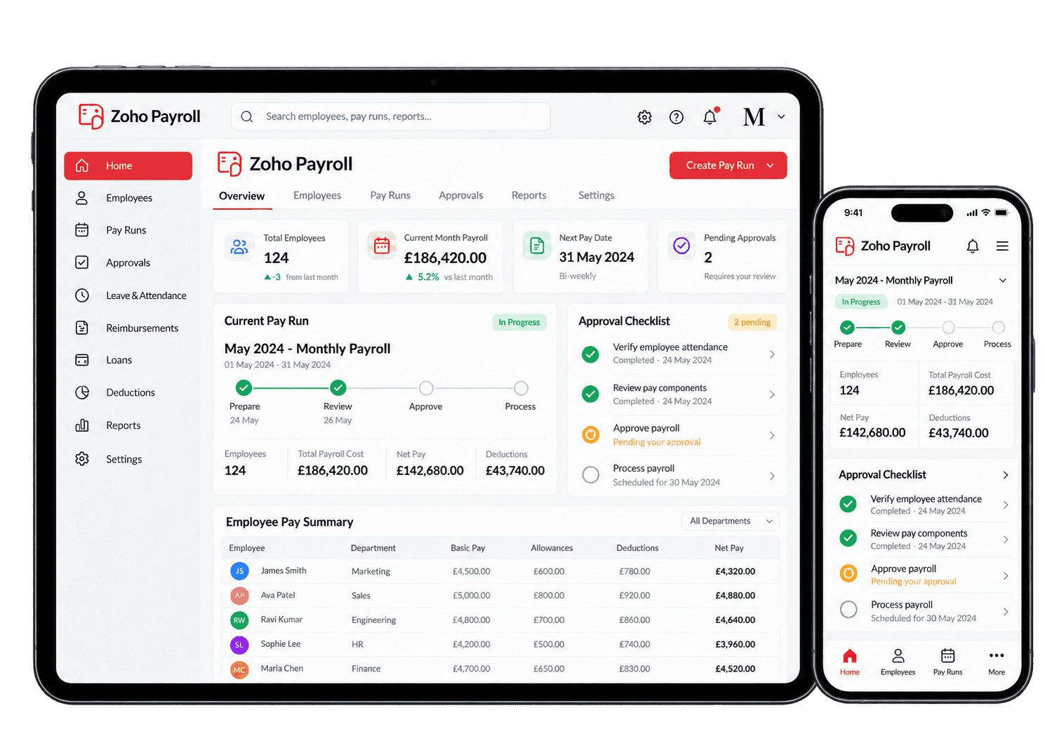 Illustrative Zoho Payroll interface showing payroll management on a tablet and smartphone.