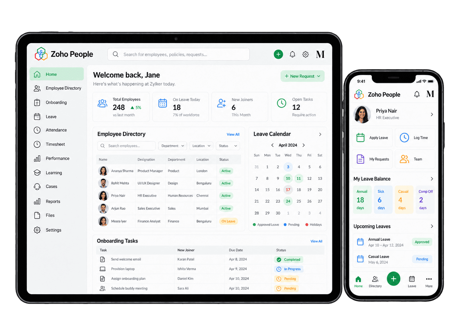 Illustrative Zoho People interface showing HR and employee management on a tablet and smartphone.