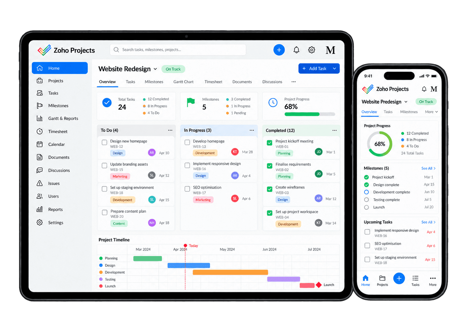 Illustrative Zoho Projects interface showing project tasks on a tablet and smartphone.