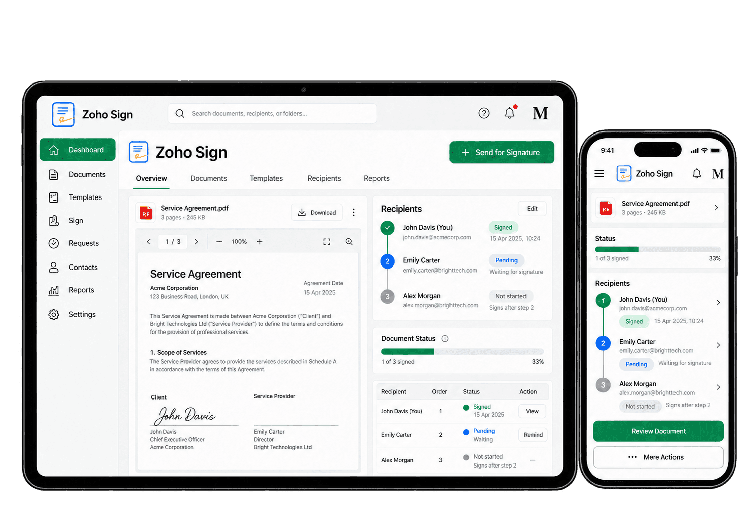 Illustrative Zoho Sign interface showing electronic signatures on a tablet and smartphone.
