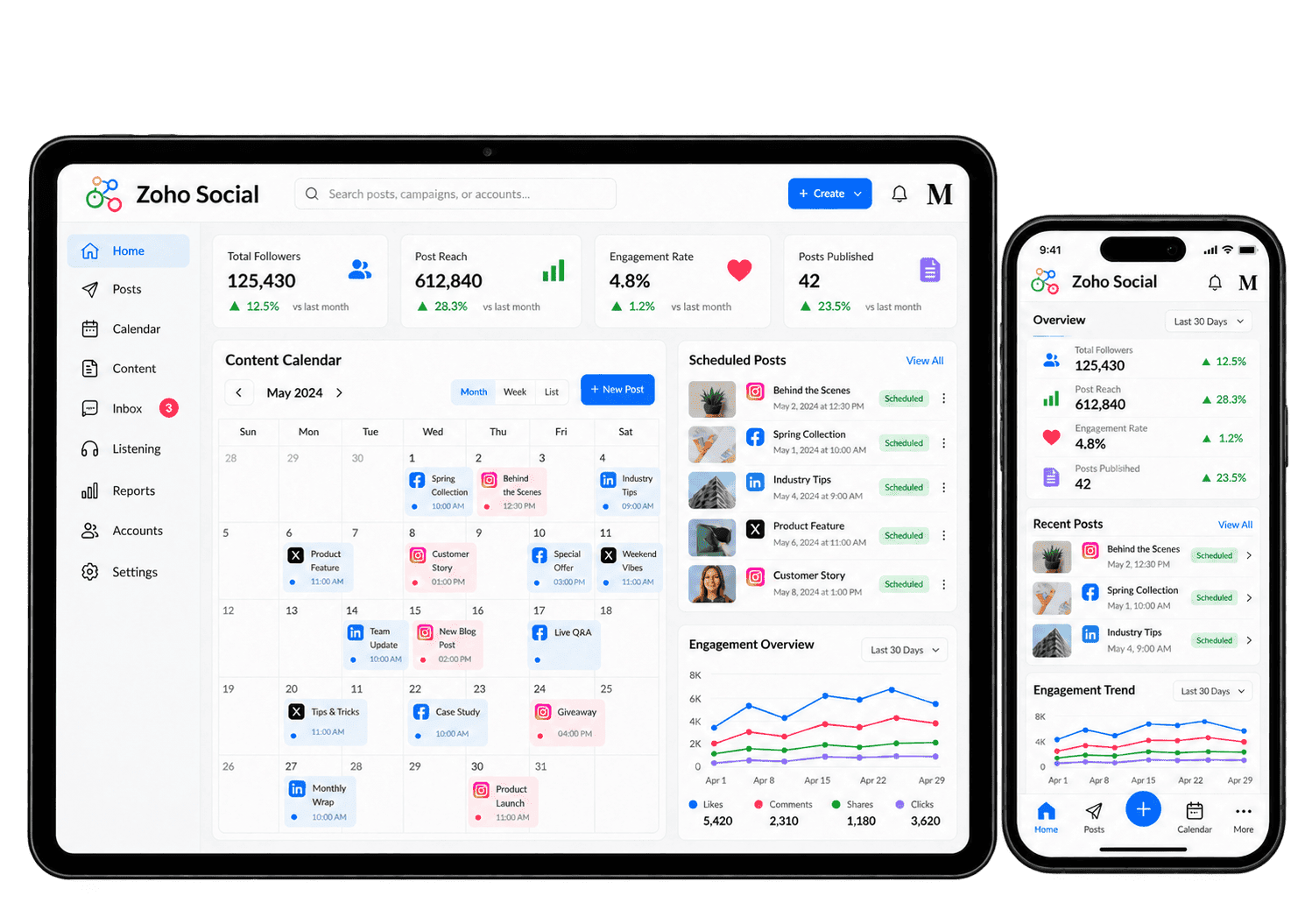Illustrative Zoho Social interface showing social media publishing on a tablet and smartphone.