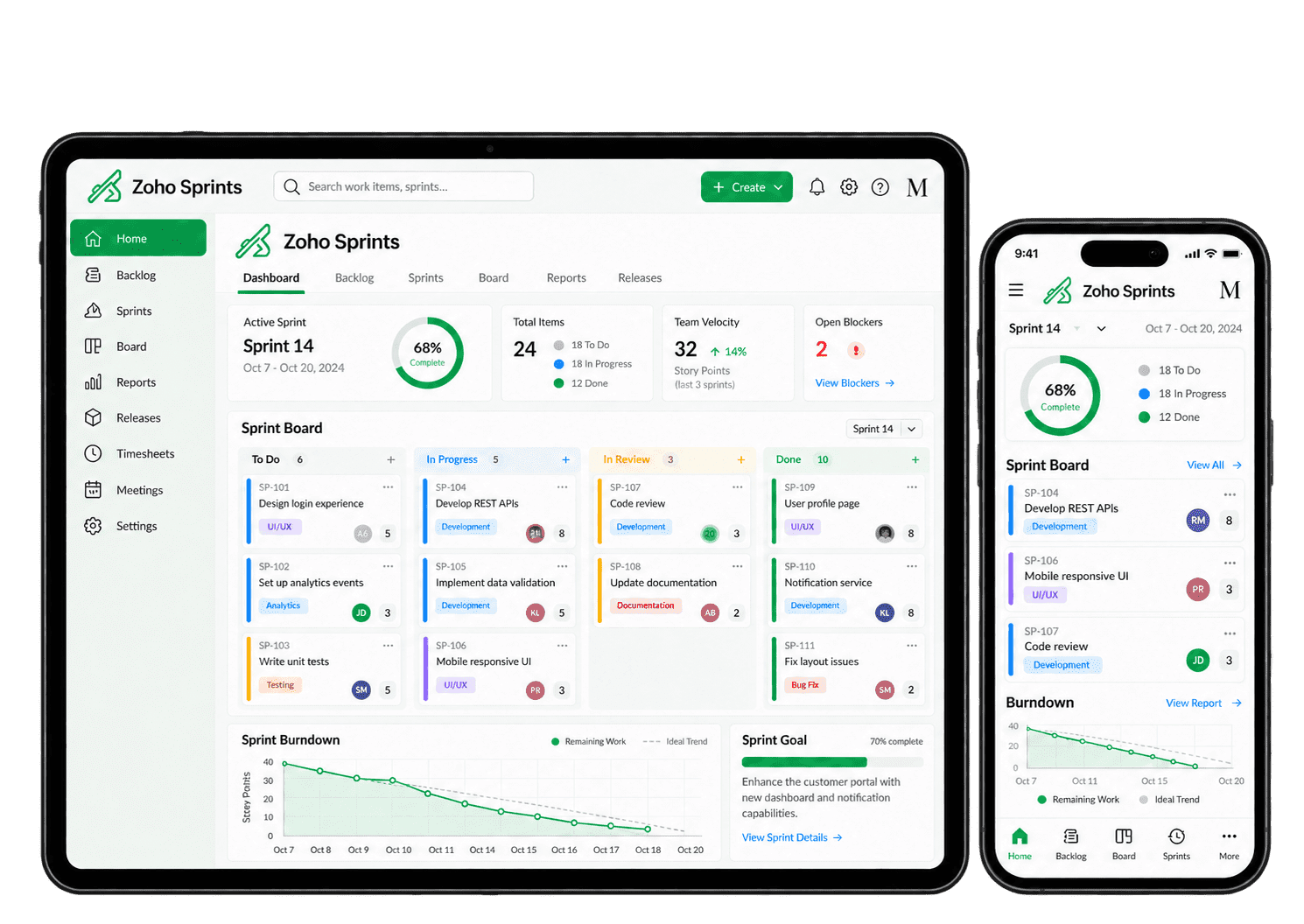 Illustrative Zoho Sprints interface showing agile work planning on a tablet and smartphone.