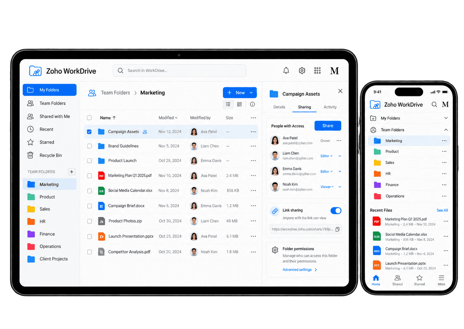 Illustrative Zoho WorkDrive interface showing team files on a tablet and smartphone.