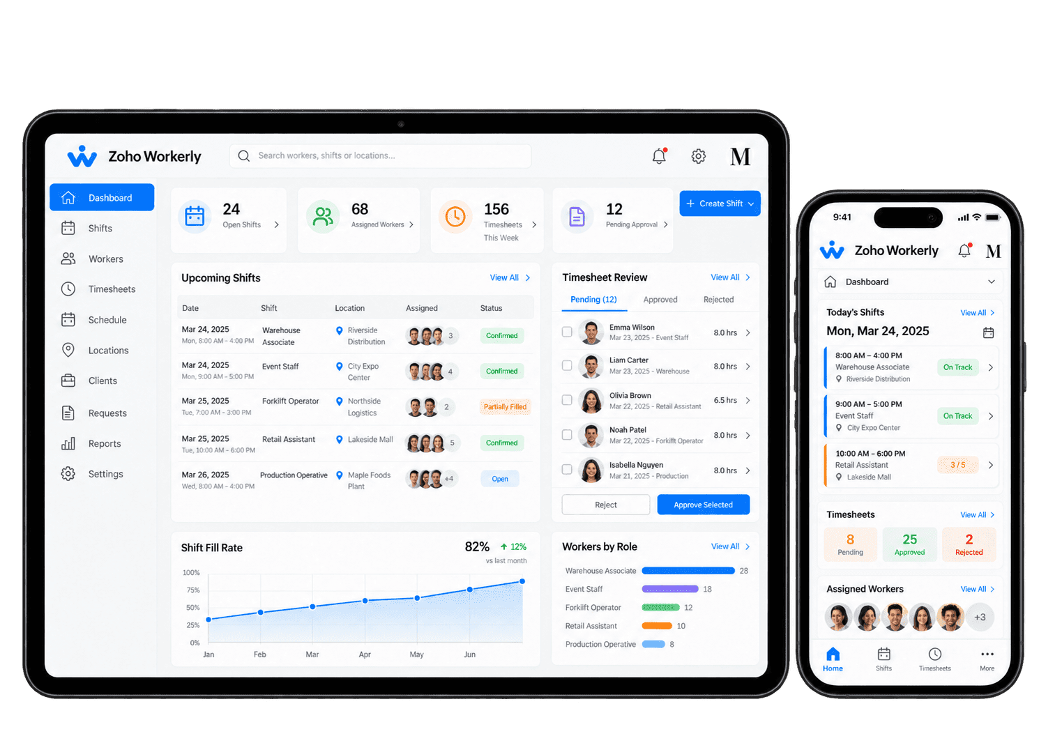 Illustrative Zoho Workerly interface showing temporary staffing on a tablet and smartphone.