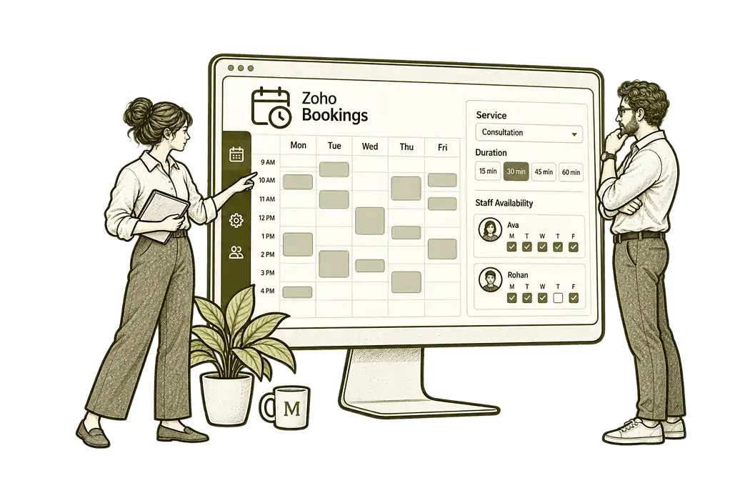 Olive ink sketch illustrating set up zoho bookings in Zoho Bookings.