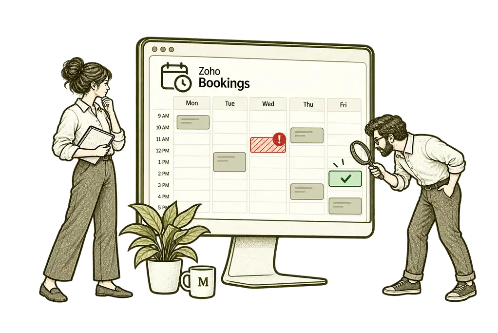 Olive ink sketch illustrating improve your booking process in Zoho Bookings.