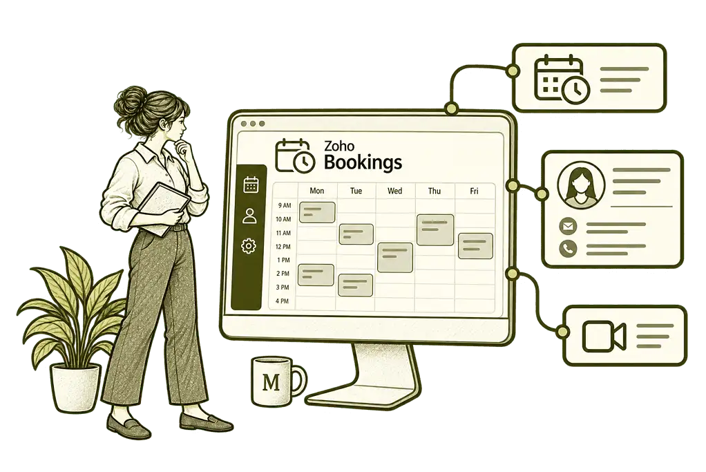 Olive ink sketch illustrating connect bookings with your systems in Zoho Bookings.