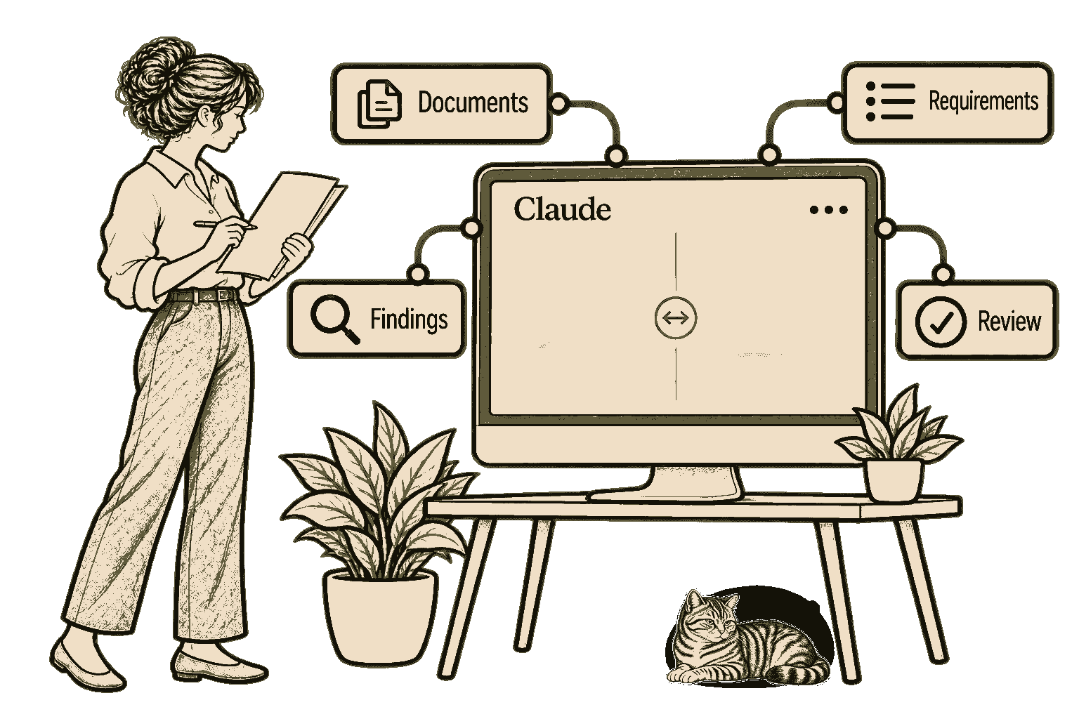 Illustrative Claude workflow connecting documents, requirements, findings and human review, with Kiwi beneath the desk.