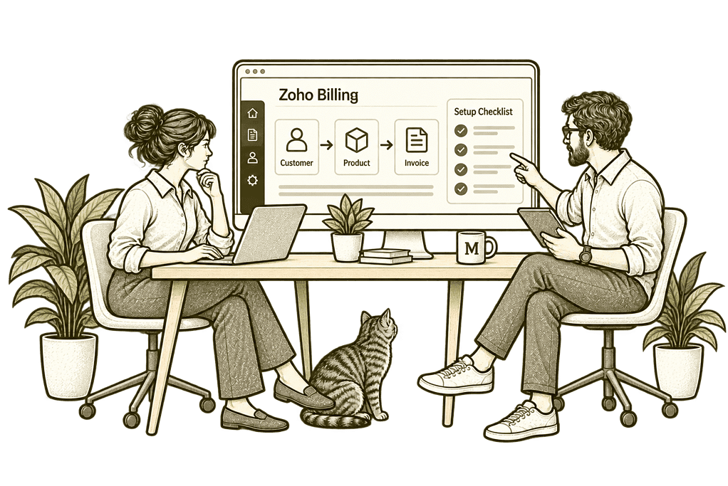 Olive ink sketch illustrating new zoho billing implementation.