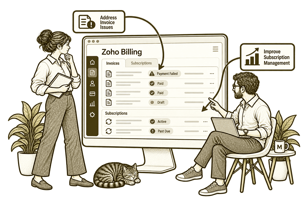 Olive ink sketch illustrating improve existing zoho billing.
