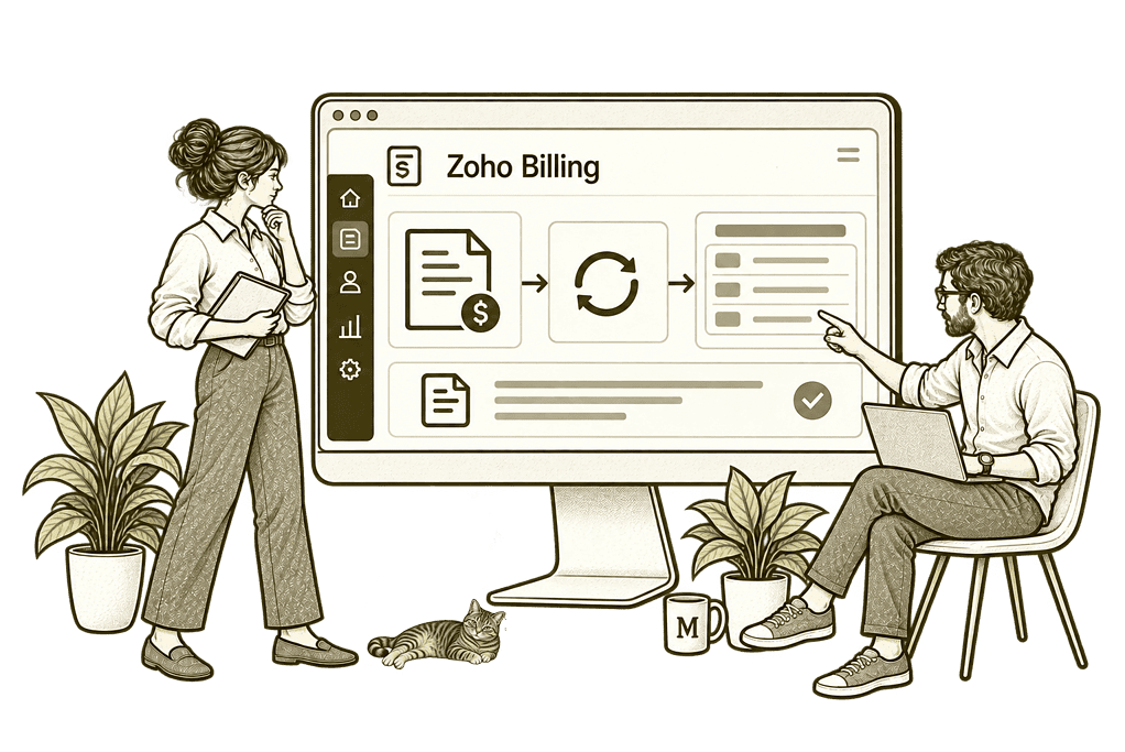 Olive ink sketch illustrating connect billing with your systems in Zoho Billing.