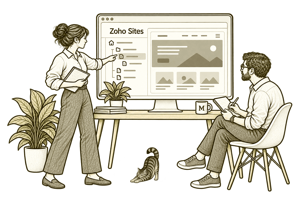 Olive ink sketch illustrating improve your existing website in Zoho Sites.